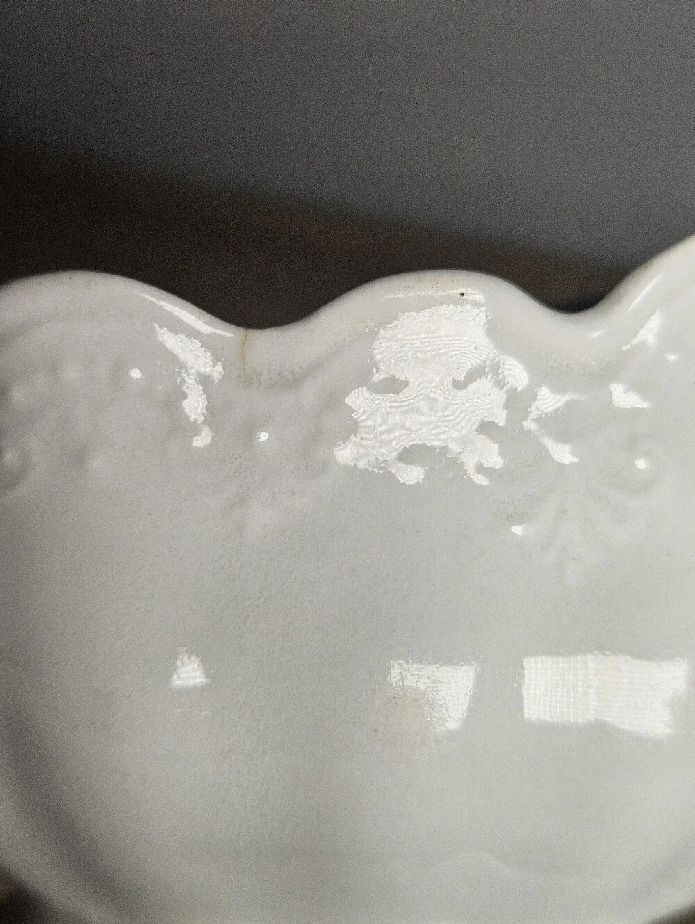 Vintage White Ceramic Gravy Boat Scalloped Embossed Scroll Handle Unmarked